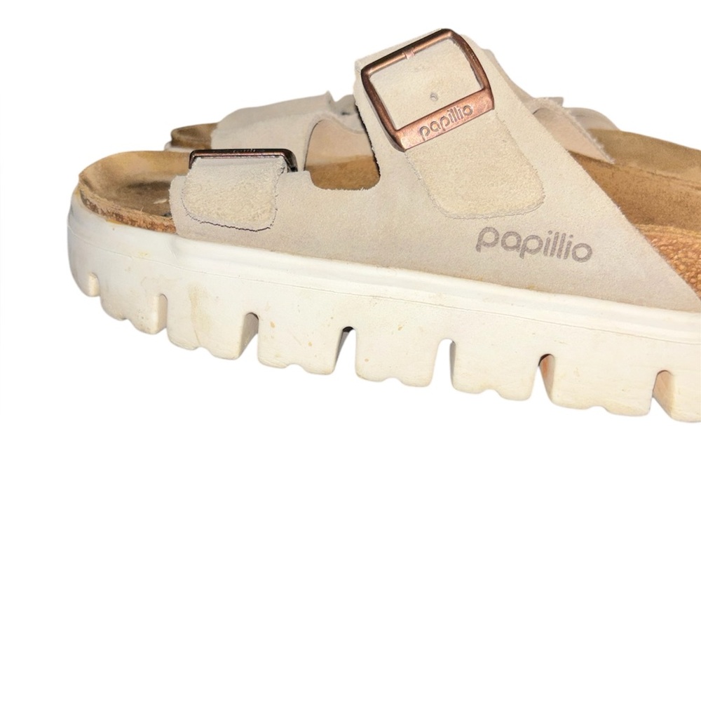 Birkenstock Papillio Chunky Platform Sandals in Beige with Rose Gold Buckles